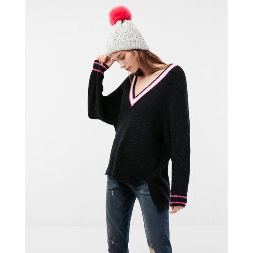 Express Oversized Striped Deep V-Neck Tunic Sweater Black NWT Size S Women